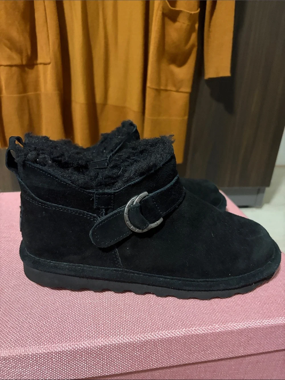 BearPaw Black Suede Faux-Fur Ankle Booties
